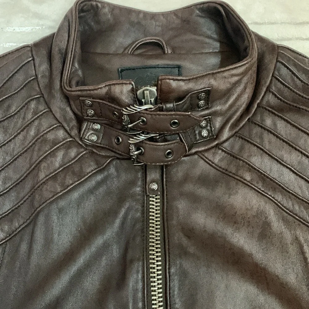 Faith Connexion Designer Men’s Brown Leather Studded Biker Bomber Jacket